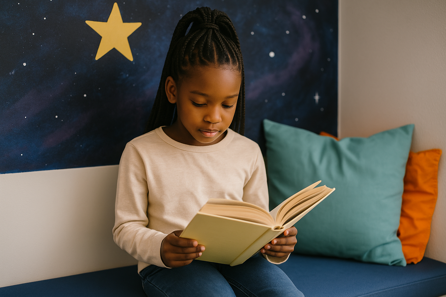 African American girl reads independently in a calm, inclusive learning environment built for neurodivergent readers.