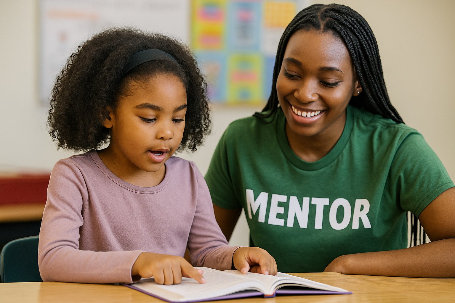 A young African American girl reads aloud with a mentor in a structured literacy program focused on fluency and neurodivergent support.