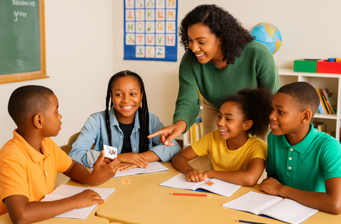 African American middle school students engage in a literacy-focused classroom activity with their teacher, supporting neurodivergent learners through inclusive reading instruction.