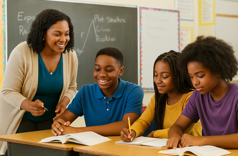African American high school students participate in an inclusive classroom reading activity led by a teacher, supporting neurodivergent learners with structured literacy tools.