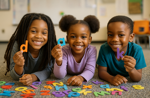 African American children engaging in a phonemic awareness activity during a literacy intervention session for early readers.