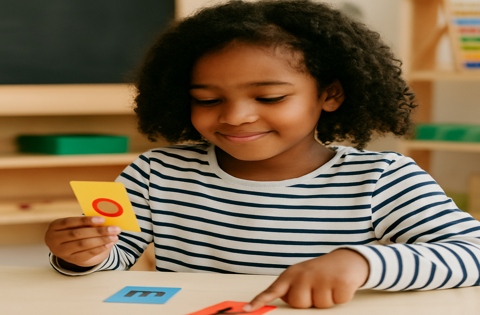 A child uses multisensory tools like letter tiles to practice decoding in a structured, Orton-Gillingham–based reading session.