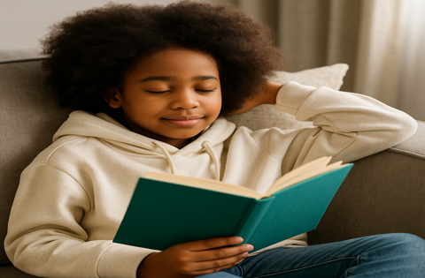 Young African American girl enjoys a quiet reading moment in a nurturing space designed for literacy and emotional support.